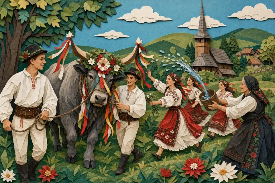 Ilustrație: un bou împodobit cu panglici și flori, condus de flăcăi în cămăși albe, iar fetele în port popular aleargă după el, cu o biserică de lemn în depărtare